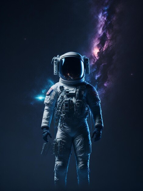 Astronaut steht hoch vor einem Hintergrund von Galaxiensternen aus der Nähe Bringen Sie die komplette Ausrüstung wit