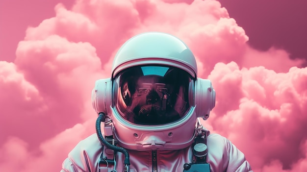 Foto astronaut trägt einen helm und fliegt über rosa wolken im stil der neonfarbenpalette