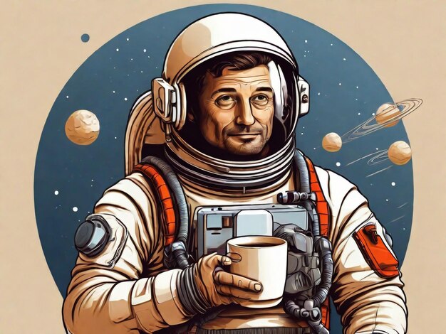 Astronaut trinkt heißen Kaffee oder Tee im Weltraum vor dem Hintergrund anderer Planeten und Sterne und ruht sich von der Arbeit auf einer Reise zu anderen Galaxien aus Illustration im Vintage-Comic-Stil