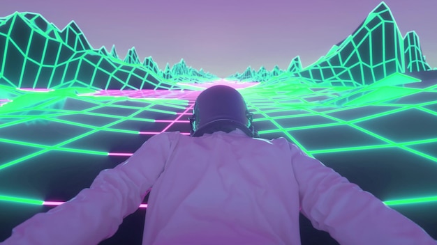 Astronaut, umgeben von blinkenden neonlichtern. musik- und nachtclubkonzept. 3d-rendering.