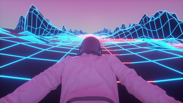 Astronaut, umgeben von blinkenden Neonlichtern. Synthwave-Hintergrund im Retro-Stil der 80er Jahre. 3D-Rendering.