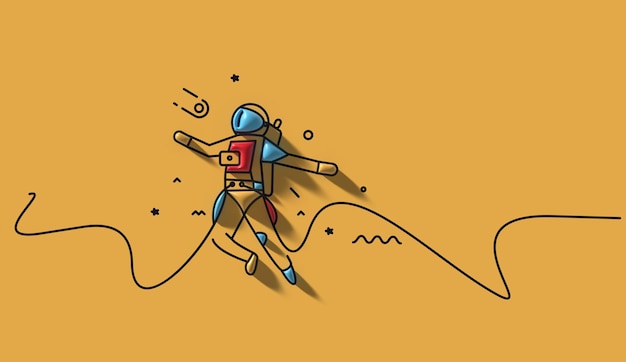 Astronauta 3D caindo - Círculo plano Line Art Design Ilustração.