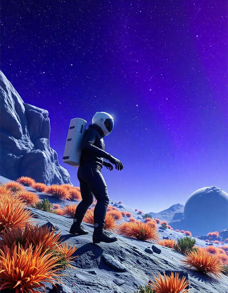 Astronauta 3D caminando por la Luna con la Tierra en el fondo