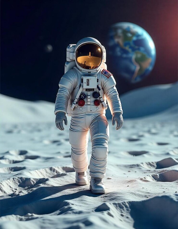 Astronauta 3D caminando por la Luna con la Tierra en el fondo