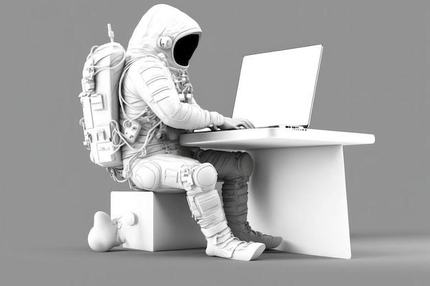 El astronauta 3D se sienta en un escritorio y trabaja en la vista lateral de la computadora portátil