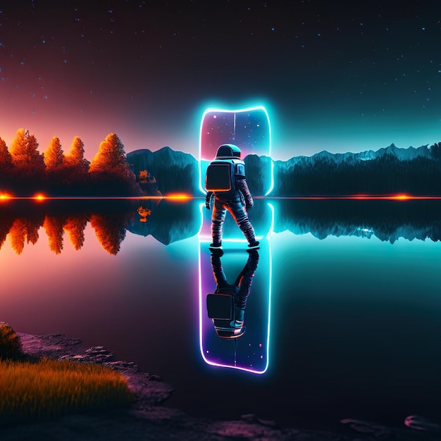 Astronauta à noite no lago com luzes de néon e montanhas ao fundo IA generativa