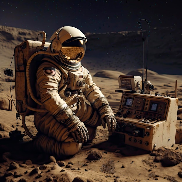 Astronauta abandonado a su suerte en el espacio infinito con su única conexión con el mundo terrestre representada por la radio que lo separa de un inmenso e insondable vacío