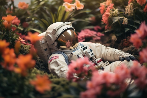 Astronauta acostado en el campo de flores en el planeta del sueño