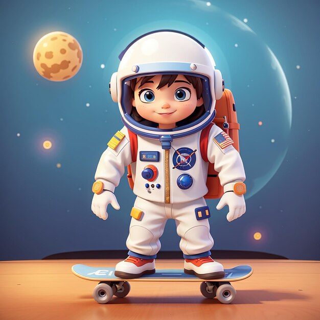 Astronauta adorável fazendo skate Ilustração de desenho animado