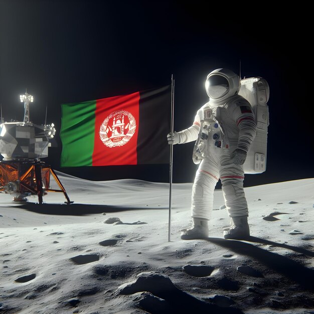 Astronauta afgano con bandera en la Luna