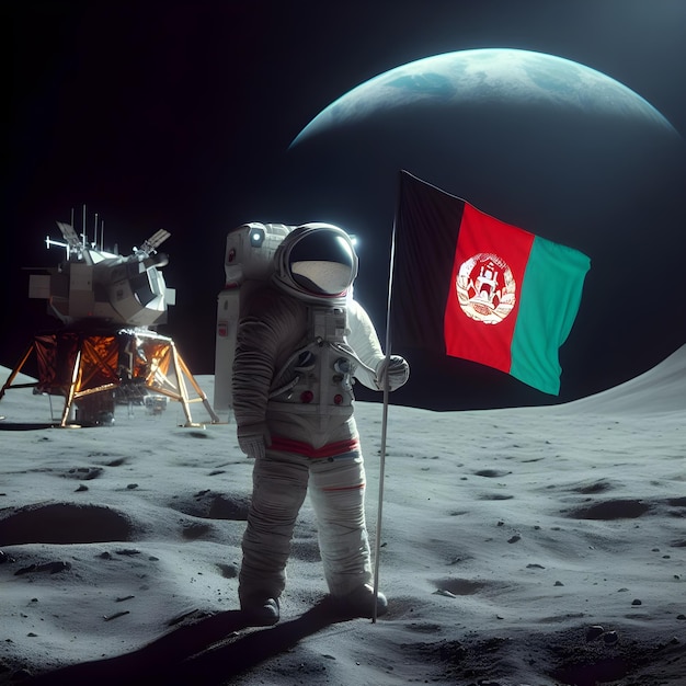 Astronauta afgano con bandera en la Luna