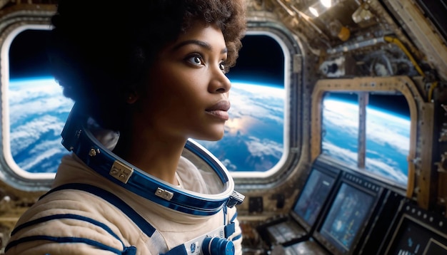 Foto astronauta afroamericana en la estación espacial internacional mira una mujer de profunda inspiración de asombro