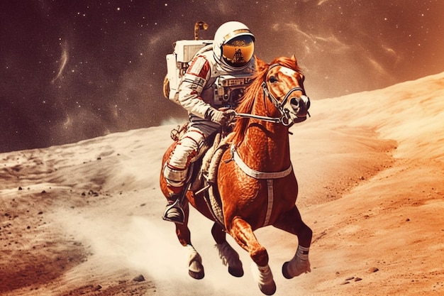 Astronauta andando a cavalo no deserto com uma bandeira nas costas generativa ai