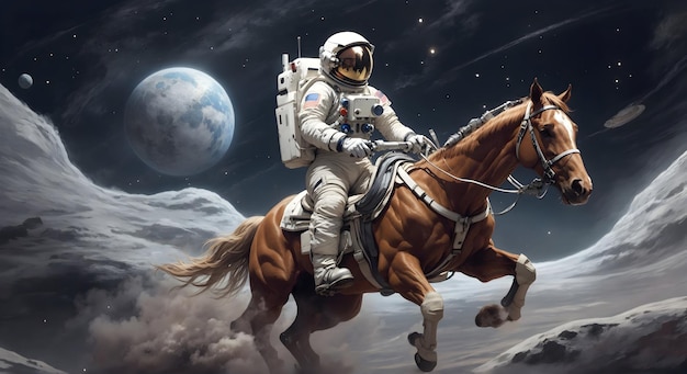 Astronauta andando a cavalo no fundo do céu noturno