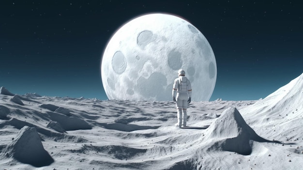 Astronauta Arafed de pie sobre una superficie rocosa con una luna llena en el fondo ai generativo