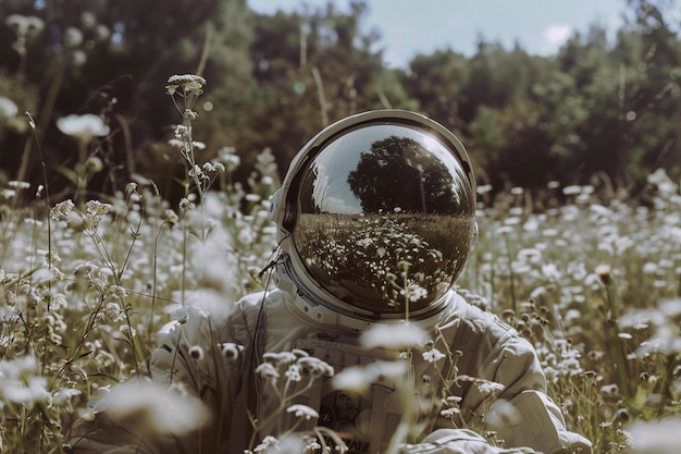 astronauta arrafado en un campo de flores con un reflejo de un árbol generativo ai