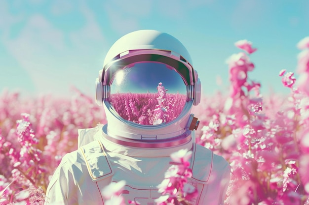 astronauta arrafado em um campo de flores com um céu rosa generativo ai