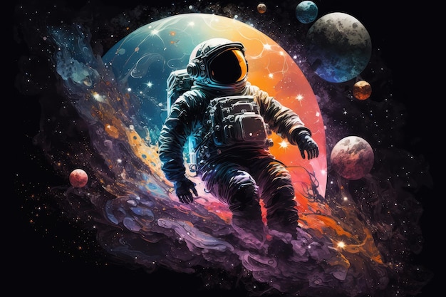 Astronauta artístico flutuando entre as estrelas com planetas e galáxias ao fundo