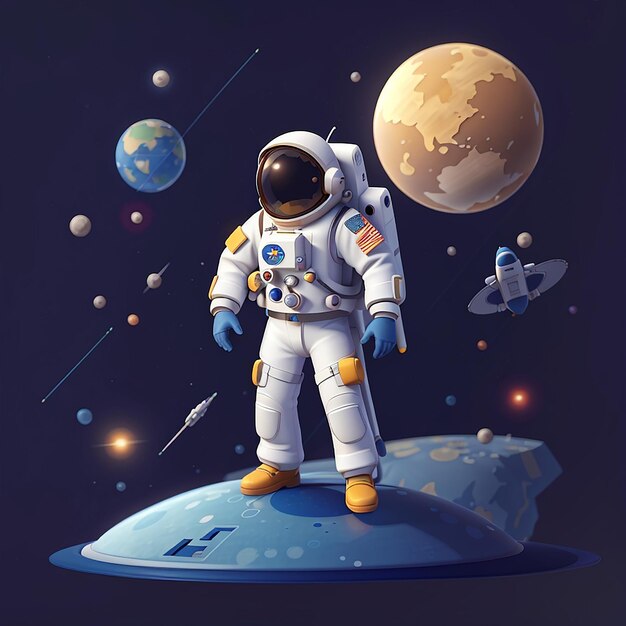 Astronauta aterrizando en la Luna sosteniendo una bandera icono vectorial de dibujos animados Ilustración Tecnología espacial icono concepto aislado estilo de dibujo animado plano vectorial premium