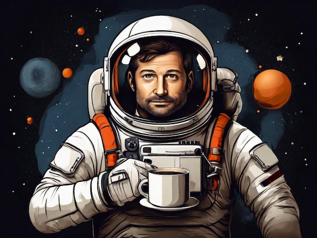 astronauta bebe café o té caliente en el espacio contra el fondo de otros planetas y estrellas descansando del trabajo en un viaje a otras galaxias Ilustración en estilo cómic vintage