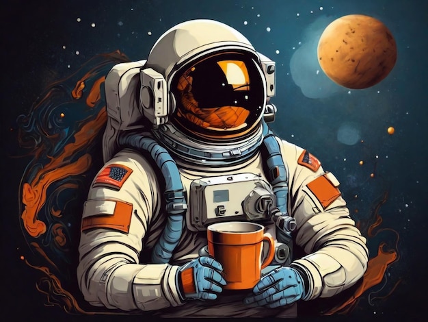 astronauta bebe café quente ou chá no espaço contra o fundo de outros planetas e estrelas descansando do trabalho em uma viagem a outras galáxias Ilustração em estilo de quadrinhos vintage