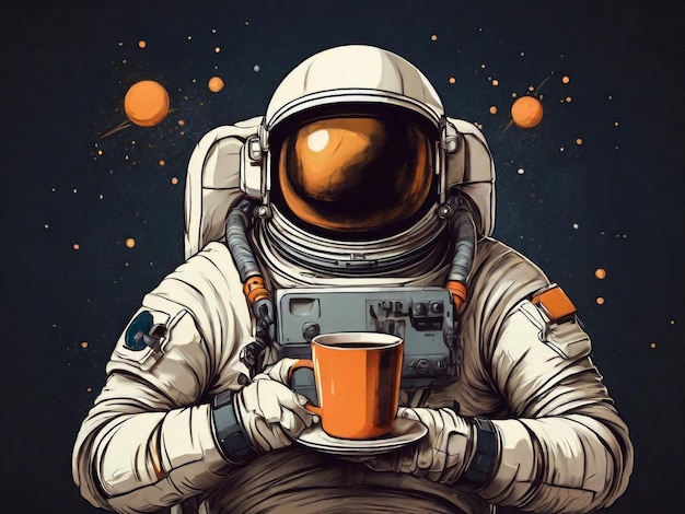 astronauta bebe café quente ou chá no espaço contra o fundo de outros planetas e estrelas descansando do trabalho em uma viagem a outras galáxias Ilustração em estilo de quadrinhos vintage