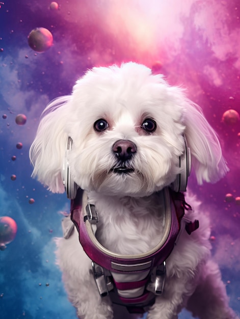 Astronauta bichon maltês flutuando no espaço