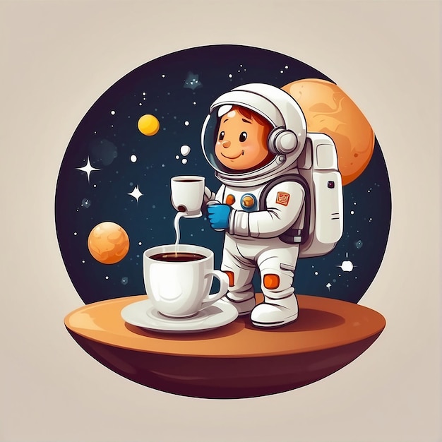 Astronauta bonito bebendo café na Lua Ícone vetorial de desenho animado Ilustração Ciência Ícone alimentar Conceito Vector premium isolado