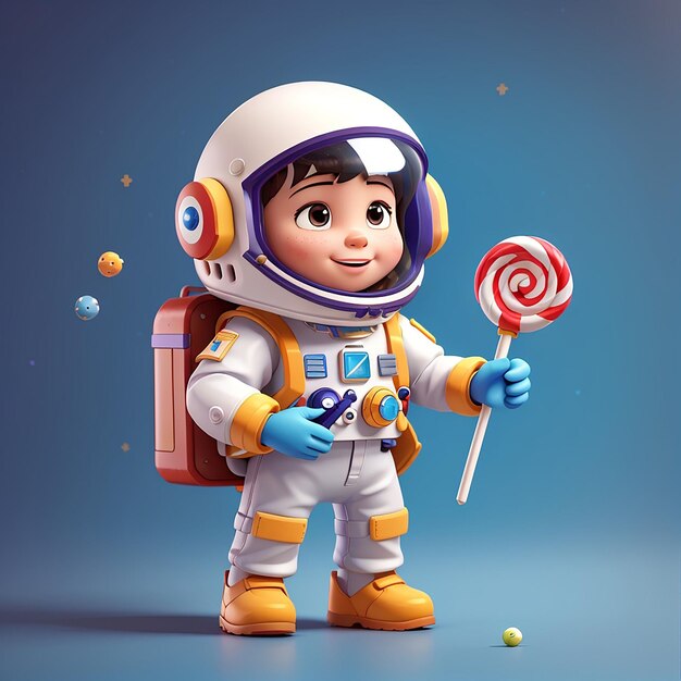 Foto astronauta bonito brincando de cavalo de brinquedo e segurando doces lollipop desenho animado ícone vetorial ilustração ciência tecnologia ícone conceito isolado premium vector flat estilo animado