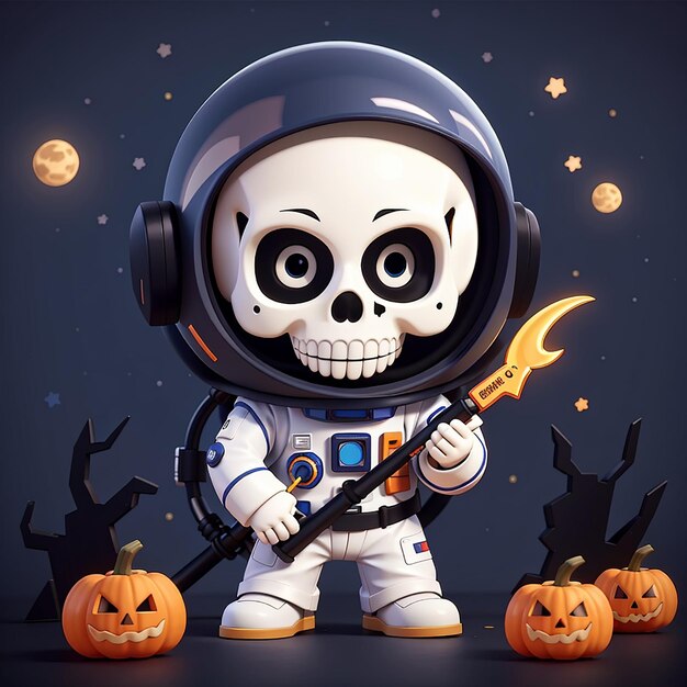 Astronauta bonito Ceifador do crânio Halloween desenho animado ícone vetorial ilustração ciência apartamento de férias