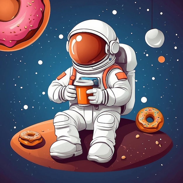 Foto astronauta bonito com donut e café na lua ícone vetorial de desenho animado ilustração pessoas ícone científico conceito isolado estilo de desenho desenhado plano vetorial premium
