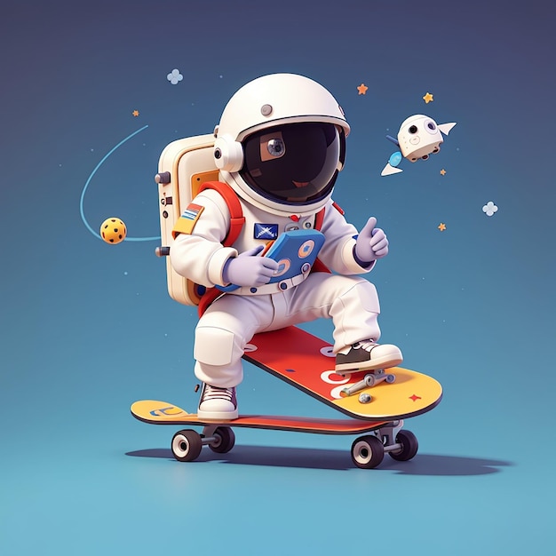 Astronauta bonito e legal jogando skate desenho animado ícone vetorial ilustração ciência esporte isolado plano