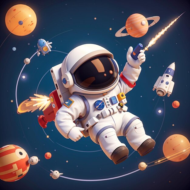 Astronauta bonito flutuando com satélite e foguete no espaço desenho animado ícone vetorial ilustração ciência