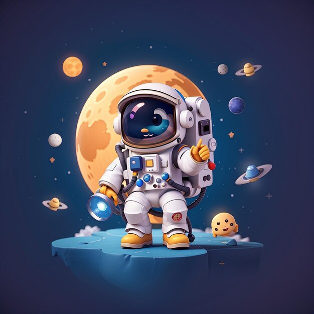 Astronauta bonito fora do espaço telefone com a lua desenho animado ícone vetorial ilustração ciência tecnologia