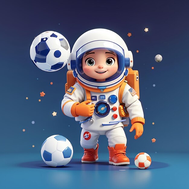 Astronauta bonito jogando futebol com bola de lua desenho animado ícone vetorial ilustração ciência esporte plano