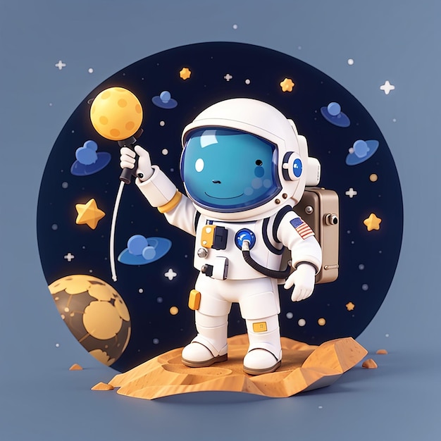 Astronauta bonito segurando a bandeira do planeta na lua ícone vetorial de desenho animado ilustração ícone de tecnologia científica