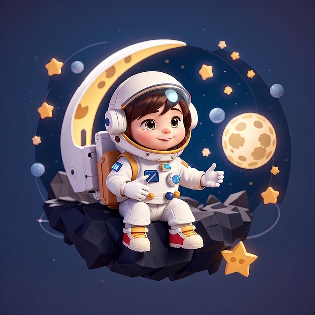 Astronauta bonito segurando estrela e sentado na lua desenho animado ícone vetorial ilustração ciência tecnologia