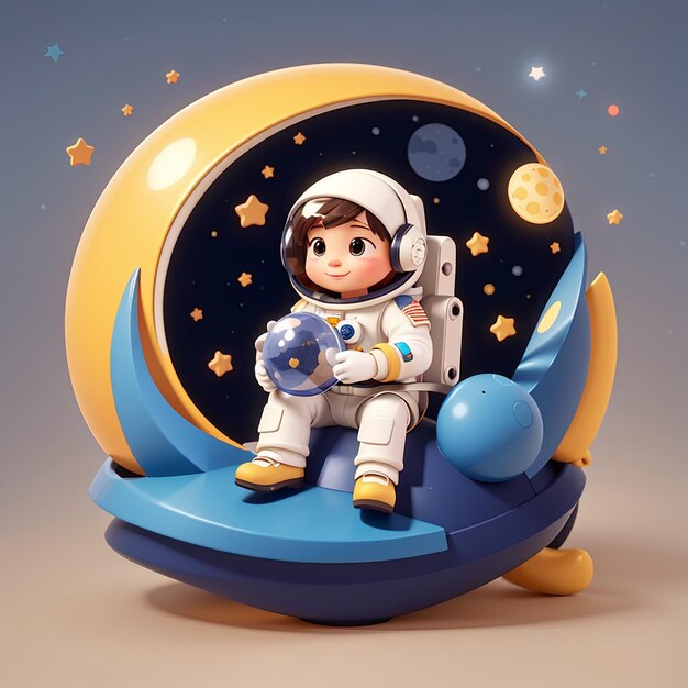 Astronauta bonito segurando estrela e sentado na lua desenho animado ícone vetorial ilustração ciência tecnologia