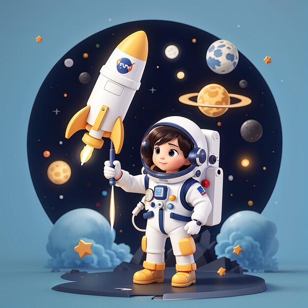 Astronauta bonito segurando foguete e lua no espaço desenho animado ícone vetorial ilustração tecnologia científica