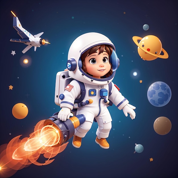 Astronauta bonito voando com um foguete no espaço desenho animado ícone vetorial ilustração ícone de tecnologia científica