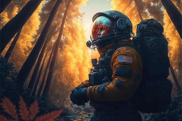 Astronauta en el bosque de otoño