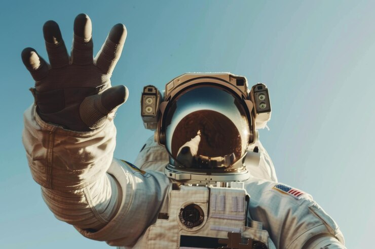 Astronauta con los brazos levantados casco que refleja la Tierra en contra de un cielo azul claro que evoca una sensación de triunfo