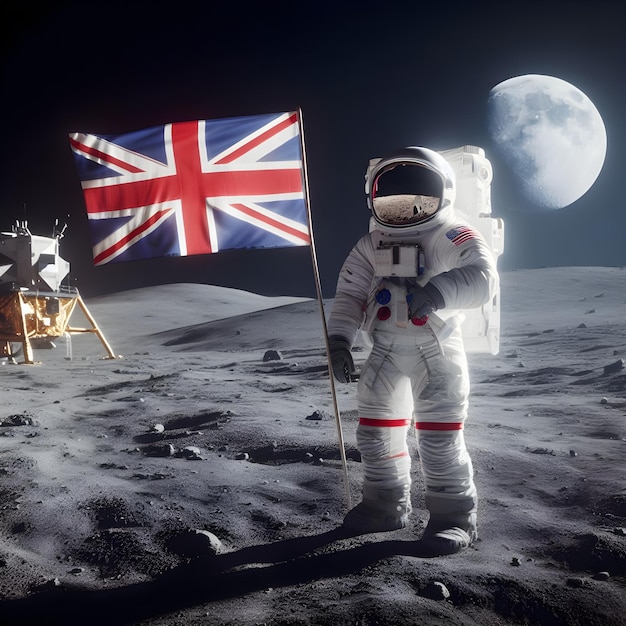 Foto astronauta británico con bandera en la luna