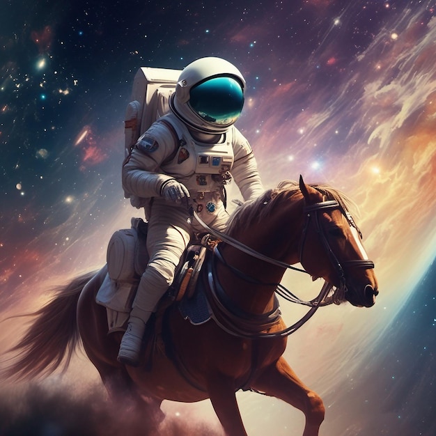 astronauta a caballo que está usando casco espacial con el estilo retro del espacio intergaláctico