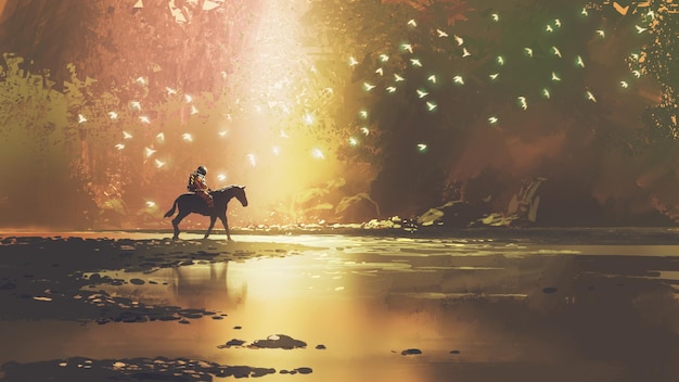 Foto astronauta a caballo viajando a una tierra mágica estilo de arte digital pintura de ilustración