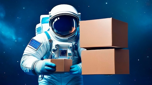 astronauta con cajas de cartón flotando entregando mercancías realistas