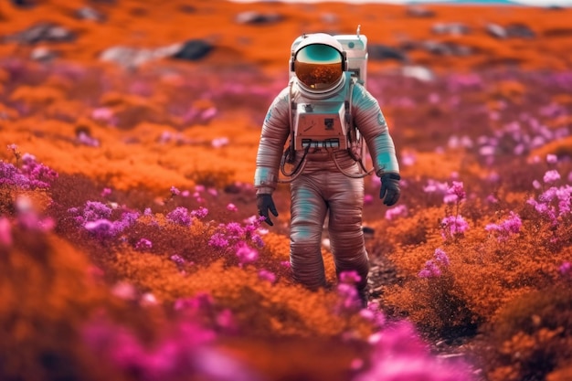 Astronauta camina en un campo lleno de flores de colores en un planeta alienígena IA generativa