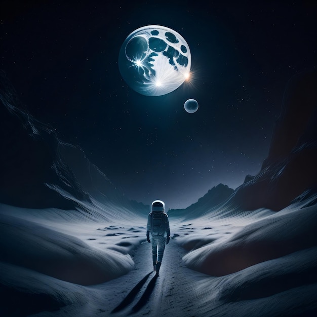 Un astronauta camina sobre una luna iluminada por la luna con la luna de fondo.