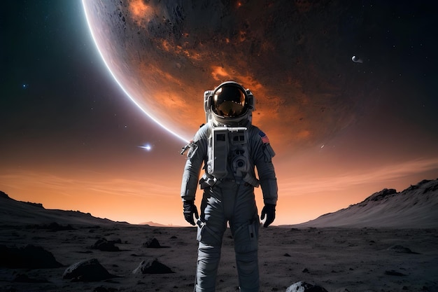Un astronauta caminando en un planeta con un fondo increíble
