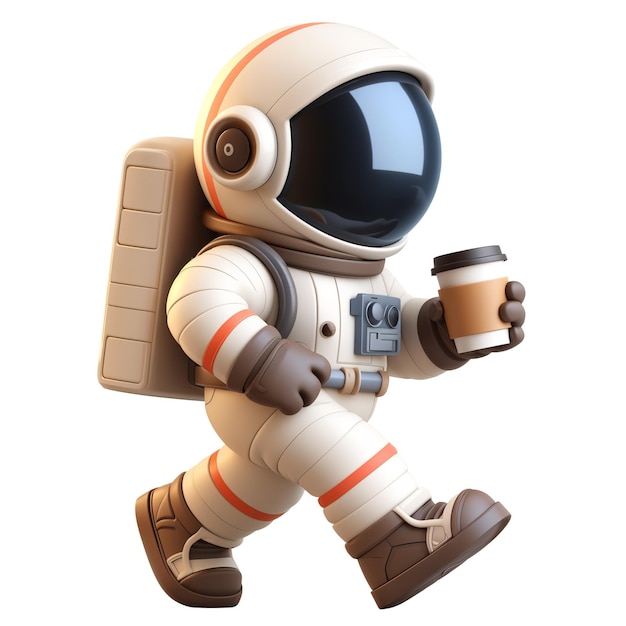 Astronauta caminando con la taza de café de estilo 3D aislado IA generativa